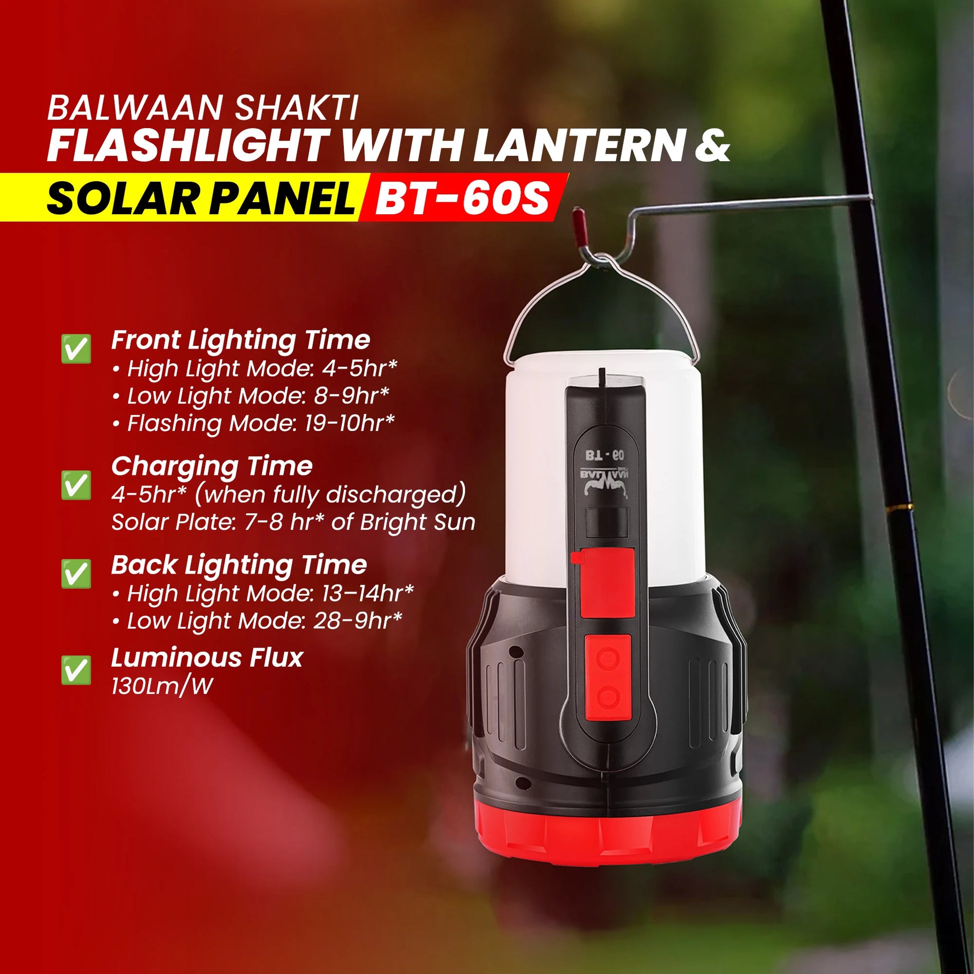 Balwaan Shakti BT-60s 2in1 Flashlight with Lantern and Solar  | 5W LED Front Beam with Type-C Charging