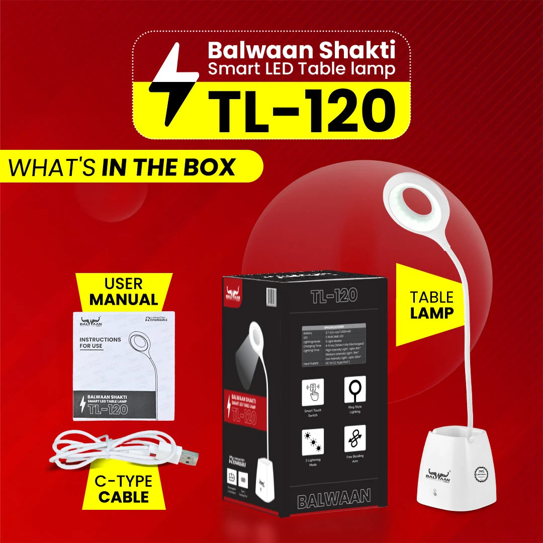 Balwaan Shakti Smart LED Table Lamp | TL-120 | Touch Control | Flexible Neck & 3 Light Modes