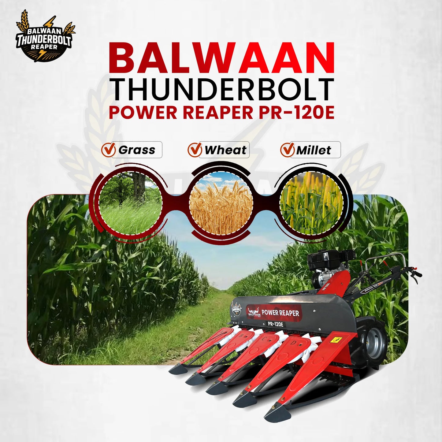 Balwaan Thunderbolt Power Reaper (PR-120E) | 212cc 4-Stroke Engine | Low Fuel Consumption & Heavy-Duty Agricultural Reap