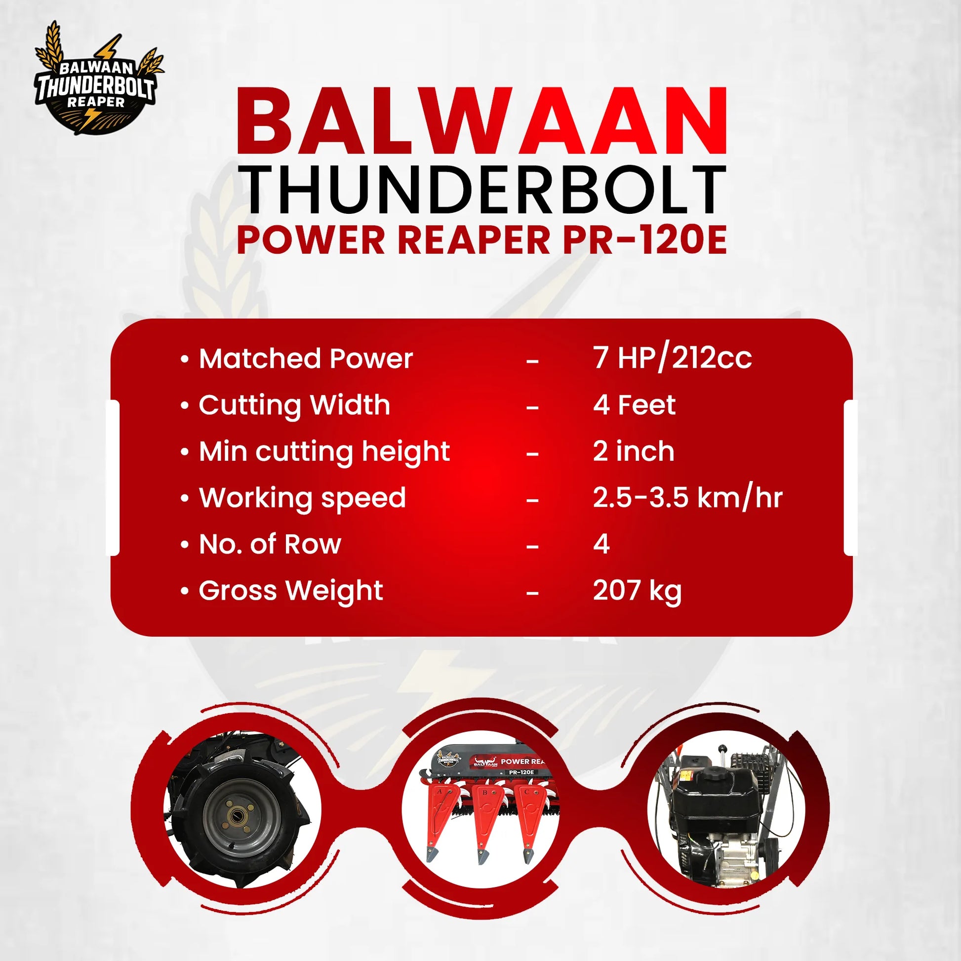 Balwaan Thunderbolt Power Reaper (PR-120E) | 212cc 4-Stroke Engine | Low Fuel Consumption & Heavy-Duty Agricultural Reap