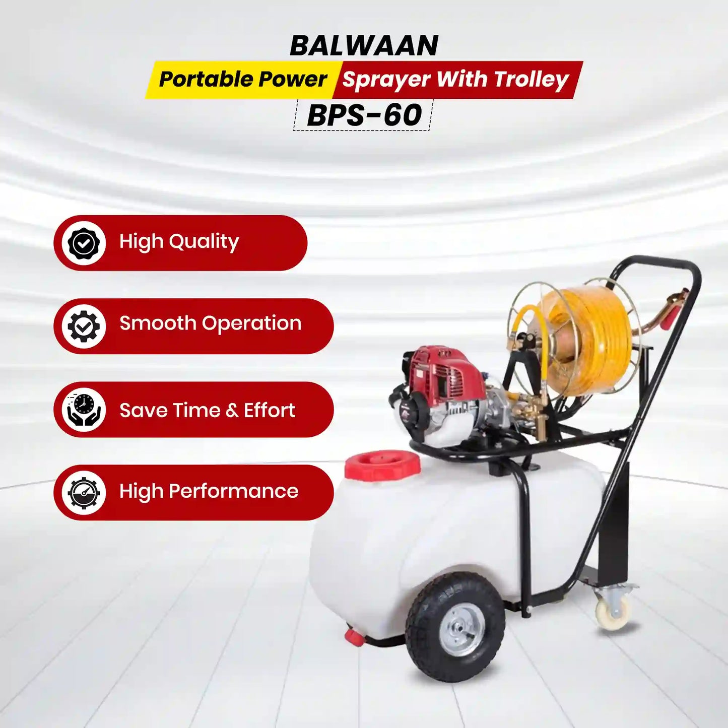Balwaan BPS-60 Portable Power Sprayer with Trolley | 50L Tank | 35CC Petrol Engine | 30m Hose | Brass Pump | For Pestici