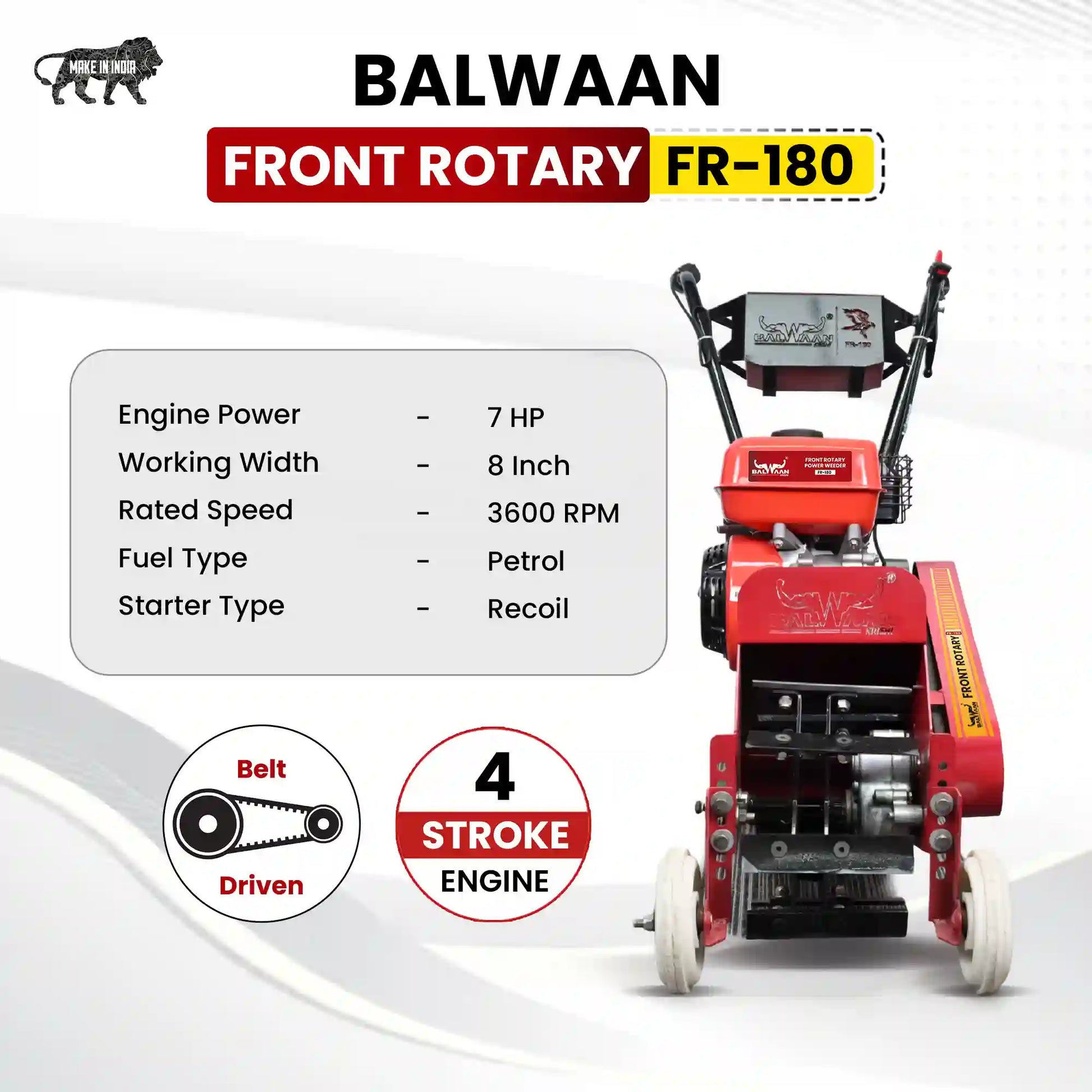 Balwaan Front Rotary FR-180 Inter Cultivator | 7 HP Petrol Engine | 8 Inch Working Width | 4 Stroke Belt Driven Power We
