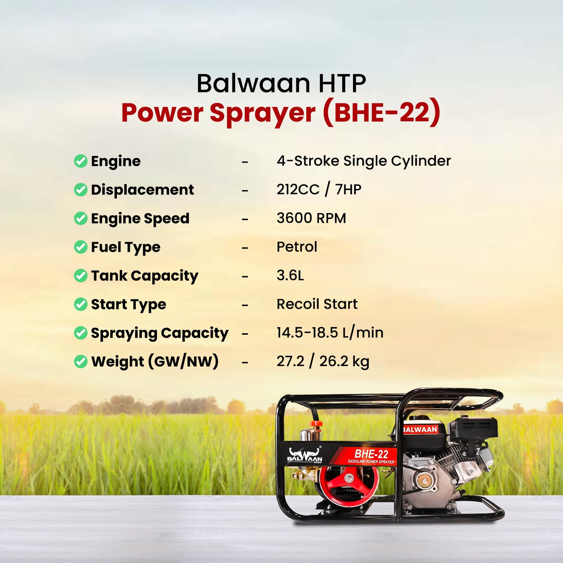 Balwaan 22 No. HTP Sprayer with 6.5HP Engine & 50 Mtr. Hose | BHE-22
