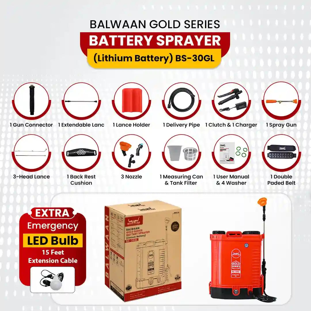 Balwaan Gold Series Battery Sprayer BS 30GL with Lithium-ion Battery | 12 Volts x 12 Ampere Double Motor High-Pressure A