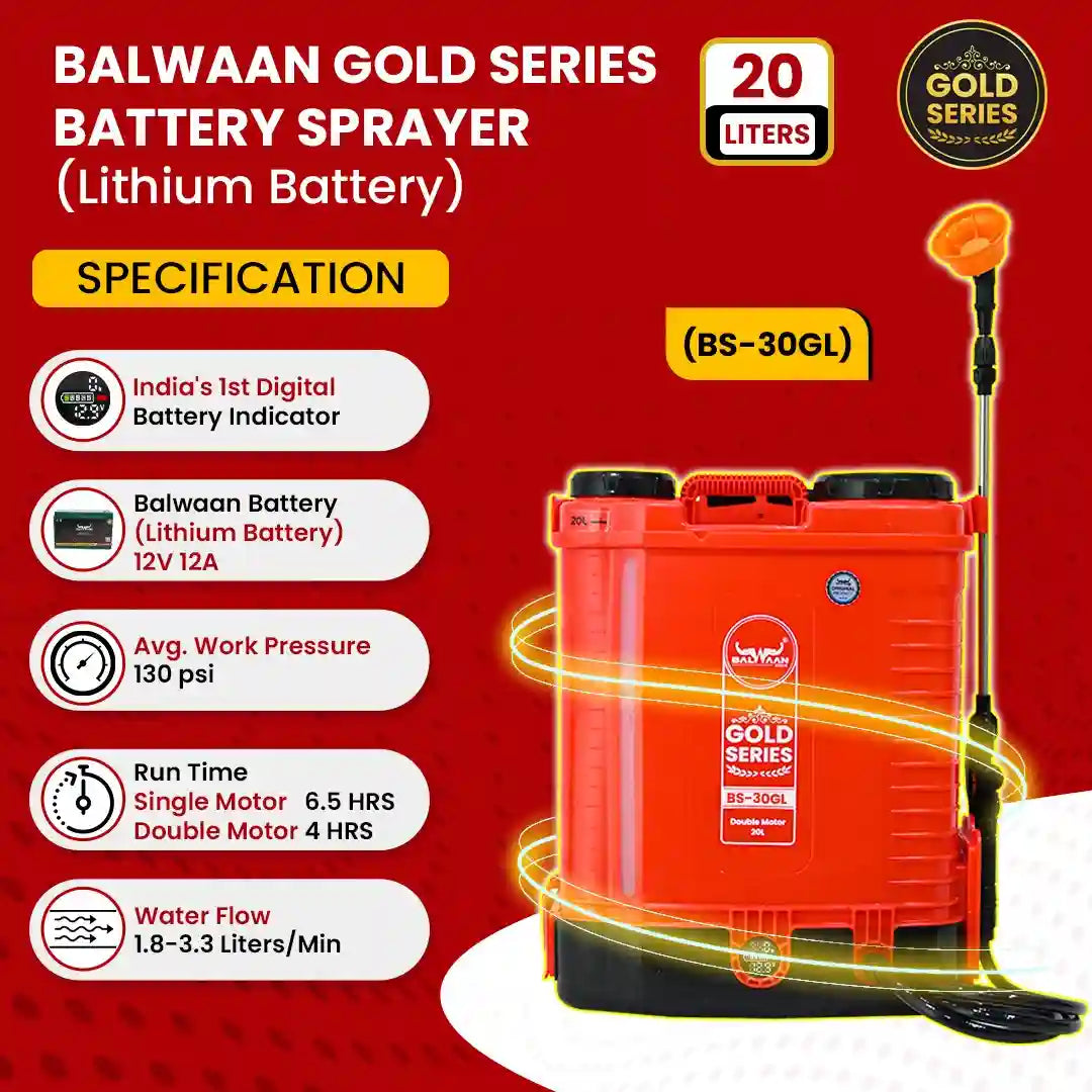 Balwaan Gold Series Battery Sprayer BS 30GL with Lithium-ion Battery | 12 Volts x 12 Ampere Double Motor High-Pressure A