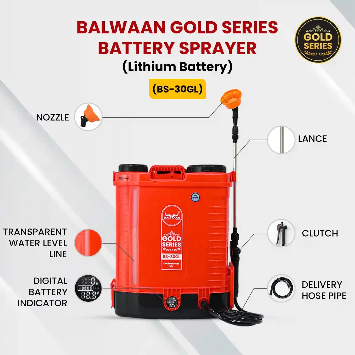 Balwaan Gold Series Battery Sprayer BS 30GL with Lithium-ion Battery | 12 Volts x 12 Ampere Double Motor High-Pressure A