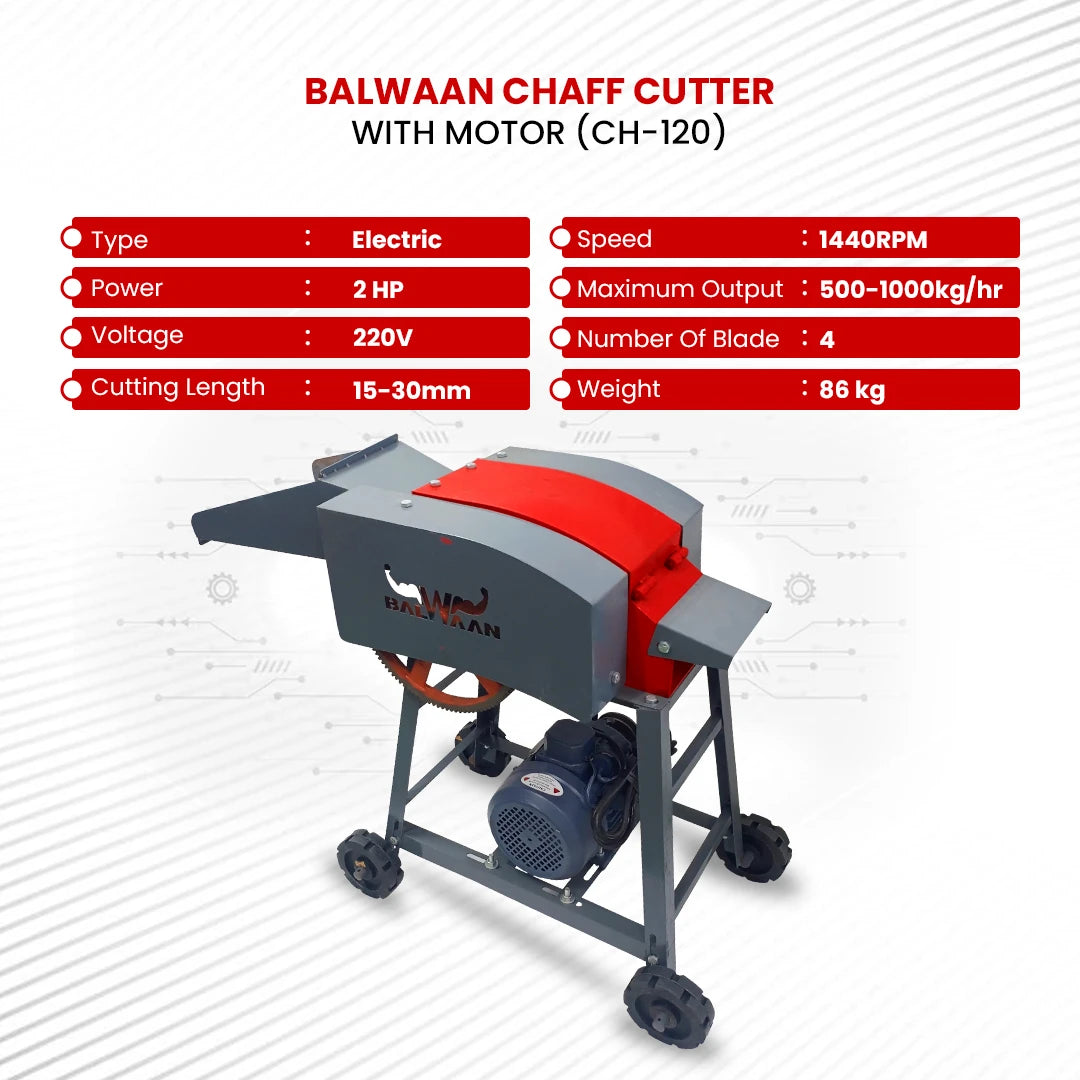 Balwaan Chaff Cutter CH-120 With 2HP Motor | Comes with 4 pieces of Blade and RPM 1440 | Suitable for cutting up straw o