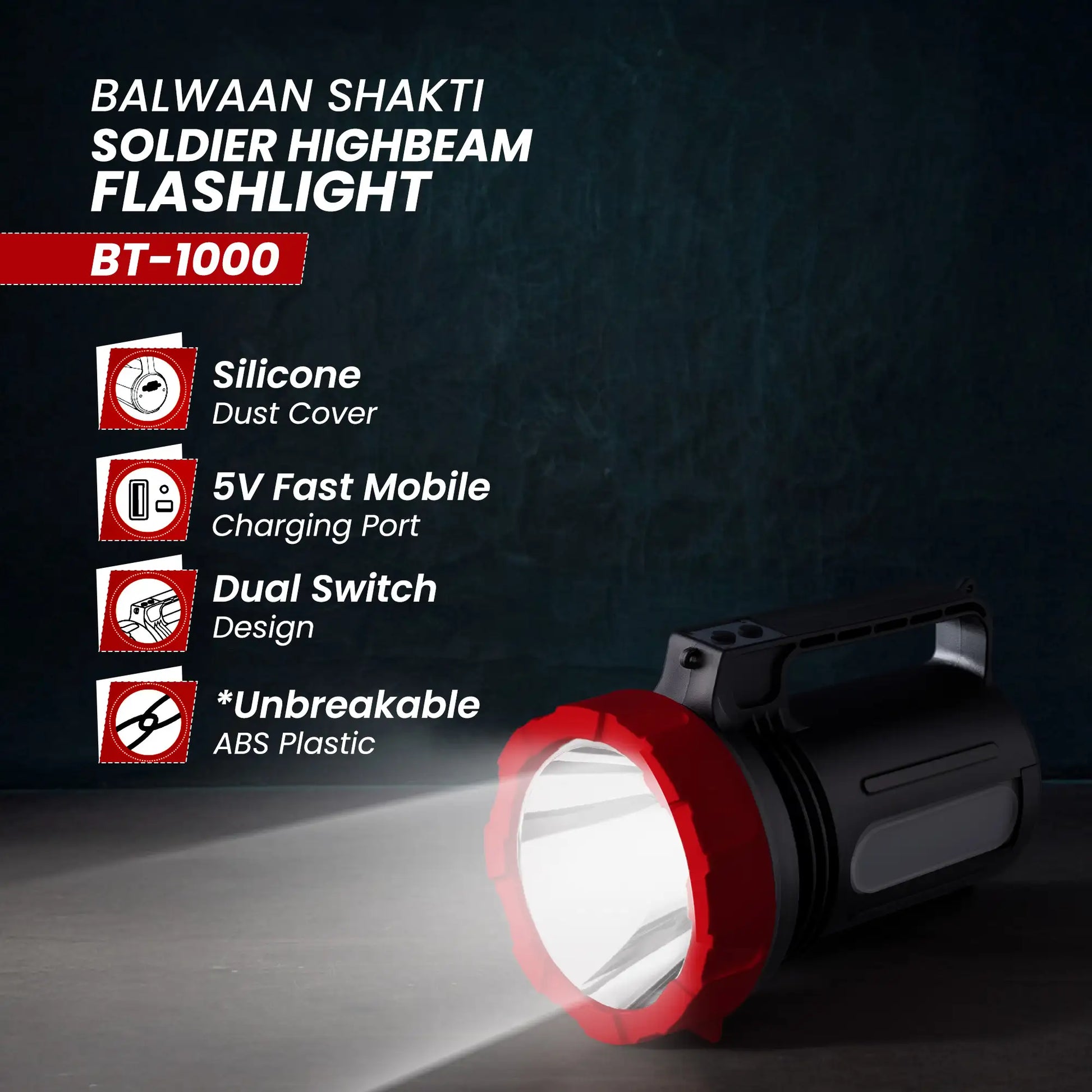Balwaan Shakti BT-1000 Soldier Highbeam Flashlight | 10W SMD LED Torch | Type-C Charging