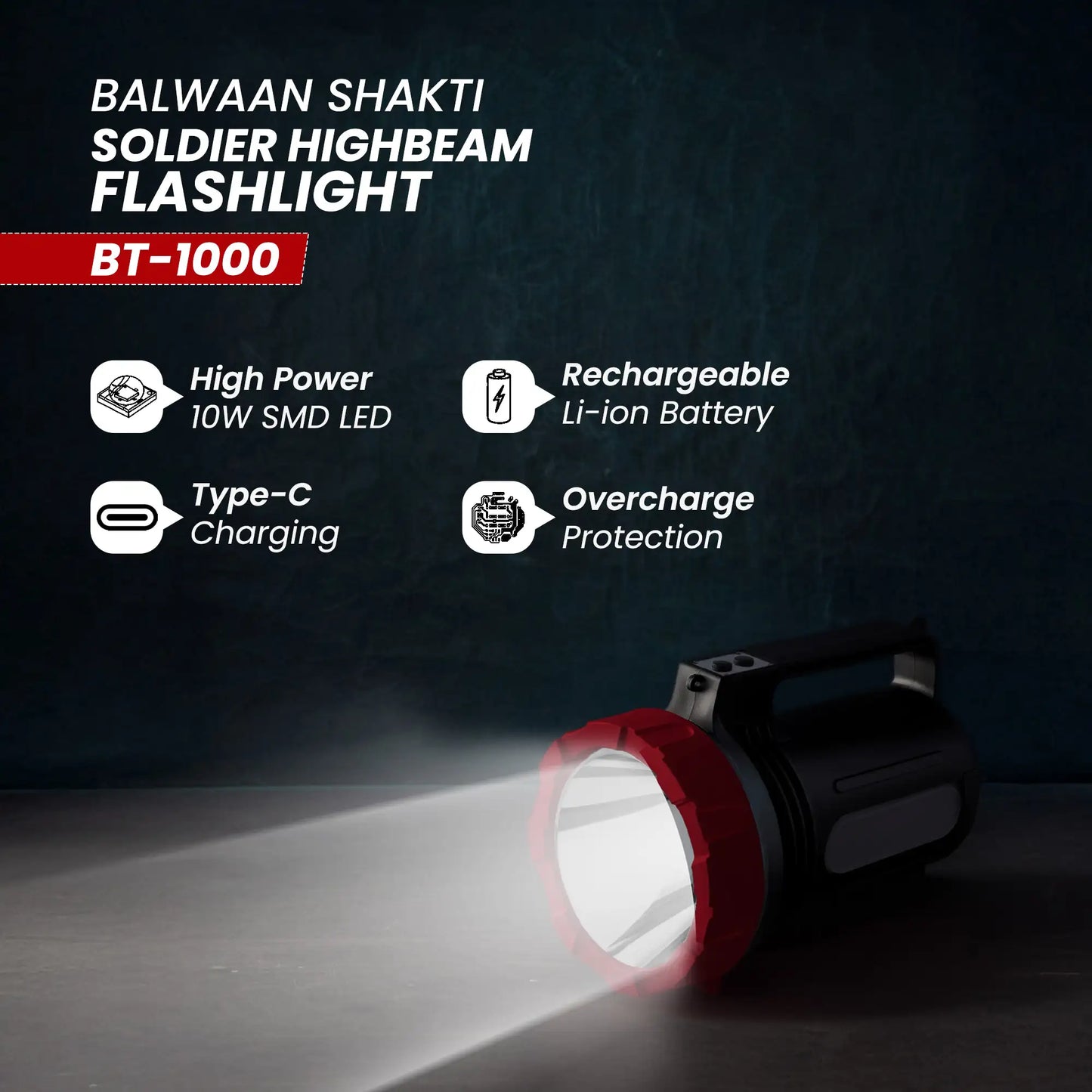 Balwaan Shakti BT-1000 Soldier Highbeam Flashlight | 10W SMD LED Torch | Type-C Charging