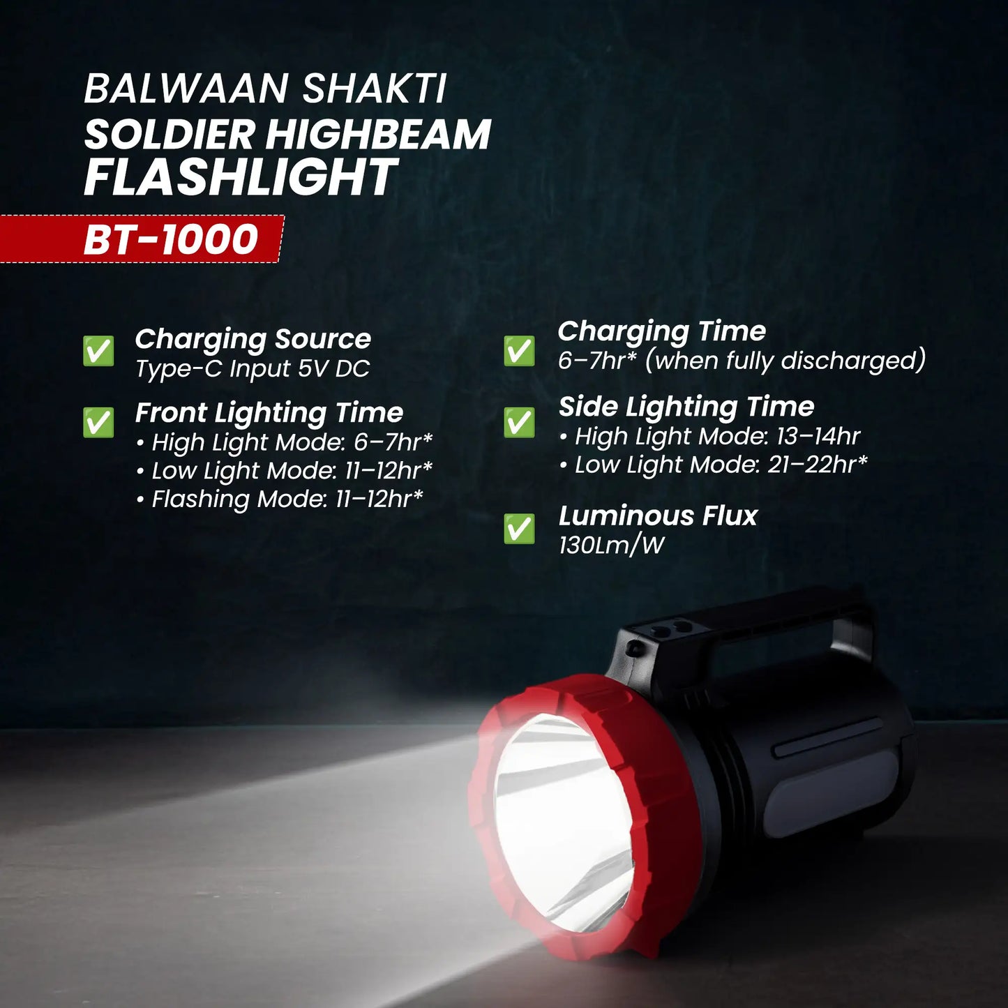 Balwaan Shakti BT-1000 Soldier Highbeam Flashlight | 10W SMD LED Torch | Type-C Charging