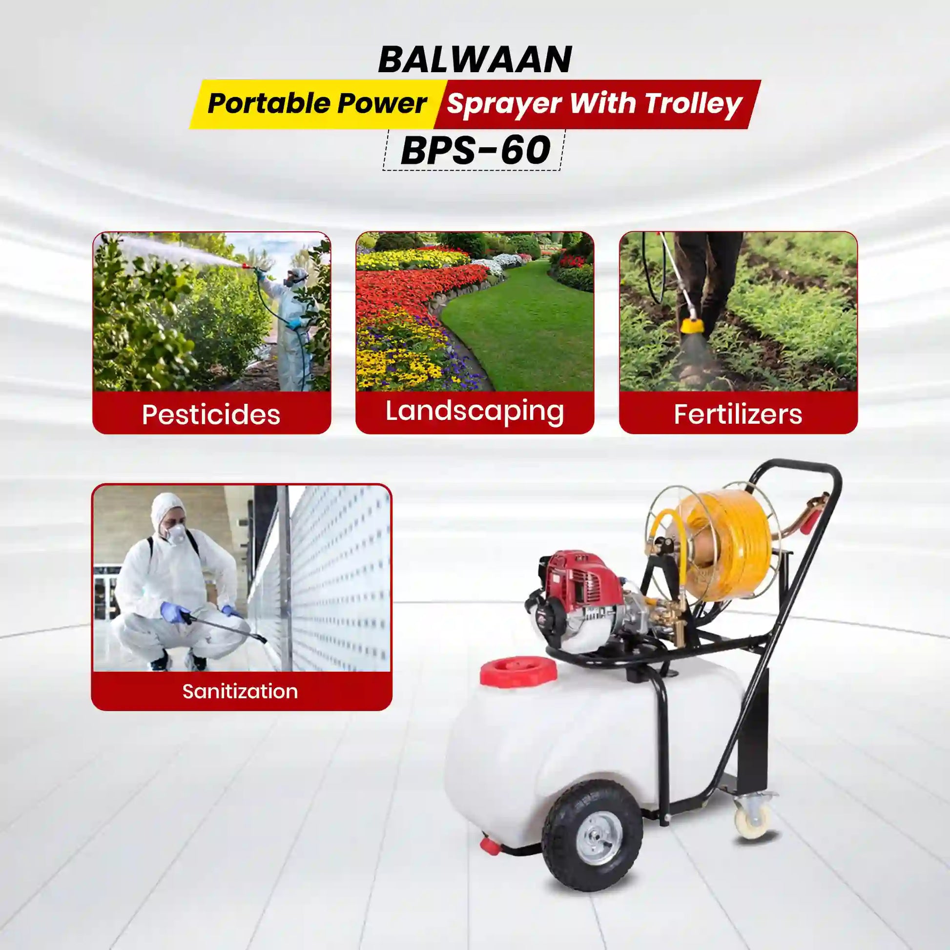 Balwaan BPS-60 Portable Power Sprayer with Trolley | 50L Tank | 35CC Petrol Engine | 30m Hose | Brass Pump | For Pestici