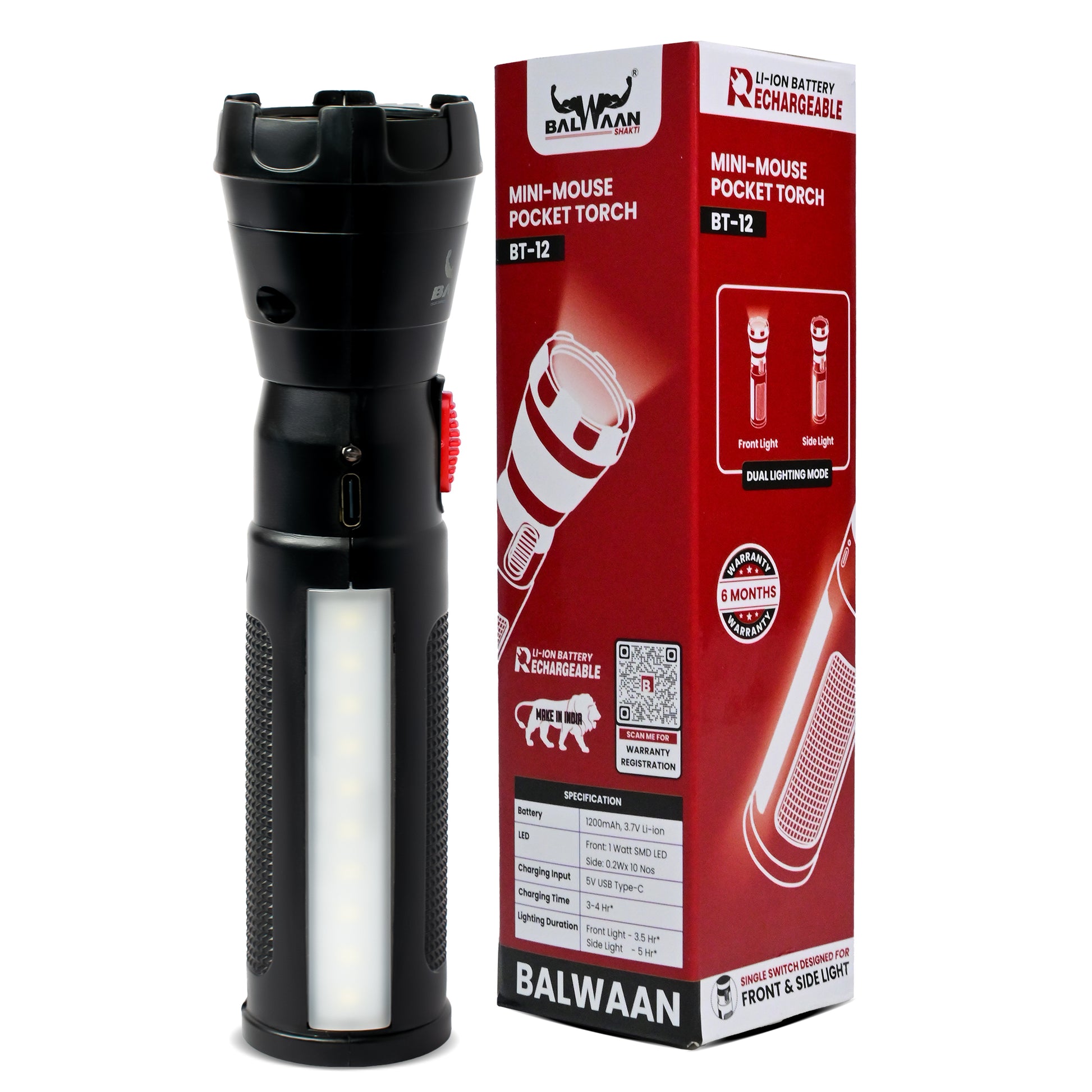 Balwaan Rechargeable BT-12 LED Search Light Torch | Type-C Charging, for Trekking, Agricultural, Outdoor Activities