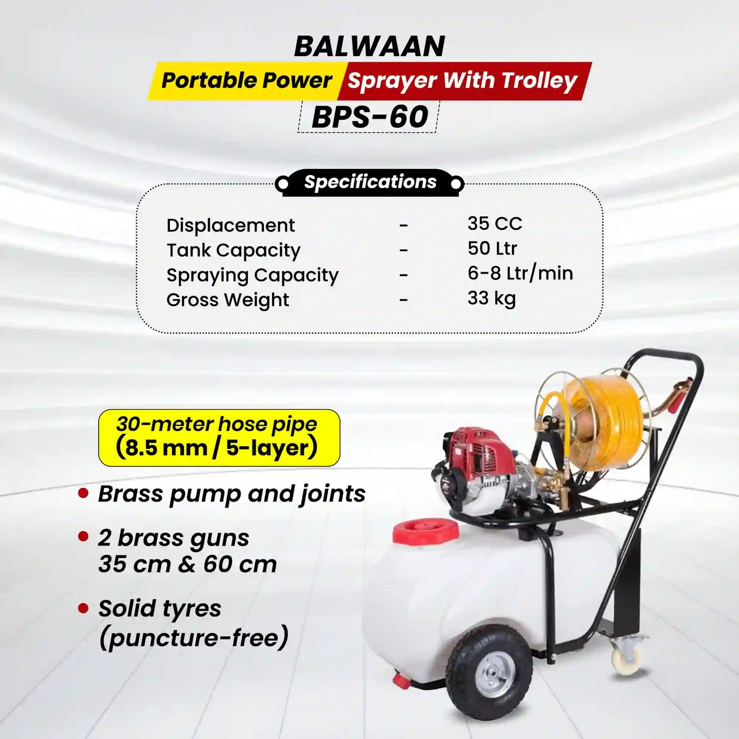Balwaan BPS-60 Portable Power Sprayer with Trolley | 50L Tank | 35CC Petrol Engine | 30m Hose | Brass Pump | For Pestici