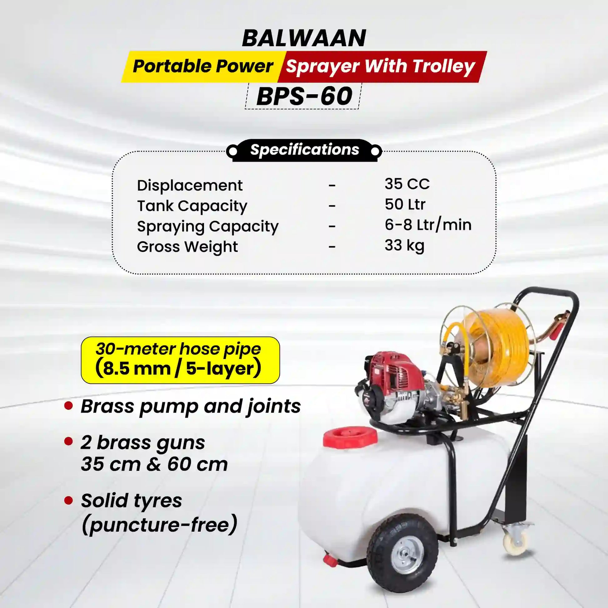 Balwaan BPS-60 Portable Power Sprayer with Trolley | 50L Tank | 35CC Petrol Engine | 30m Hose | Brass Pump | For Pestici