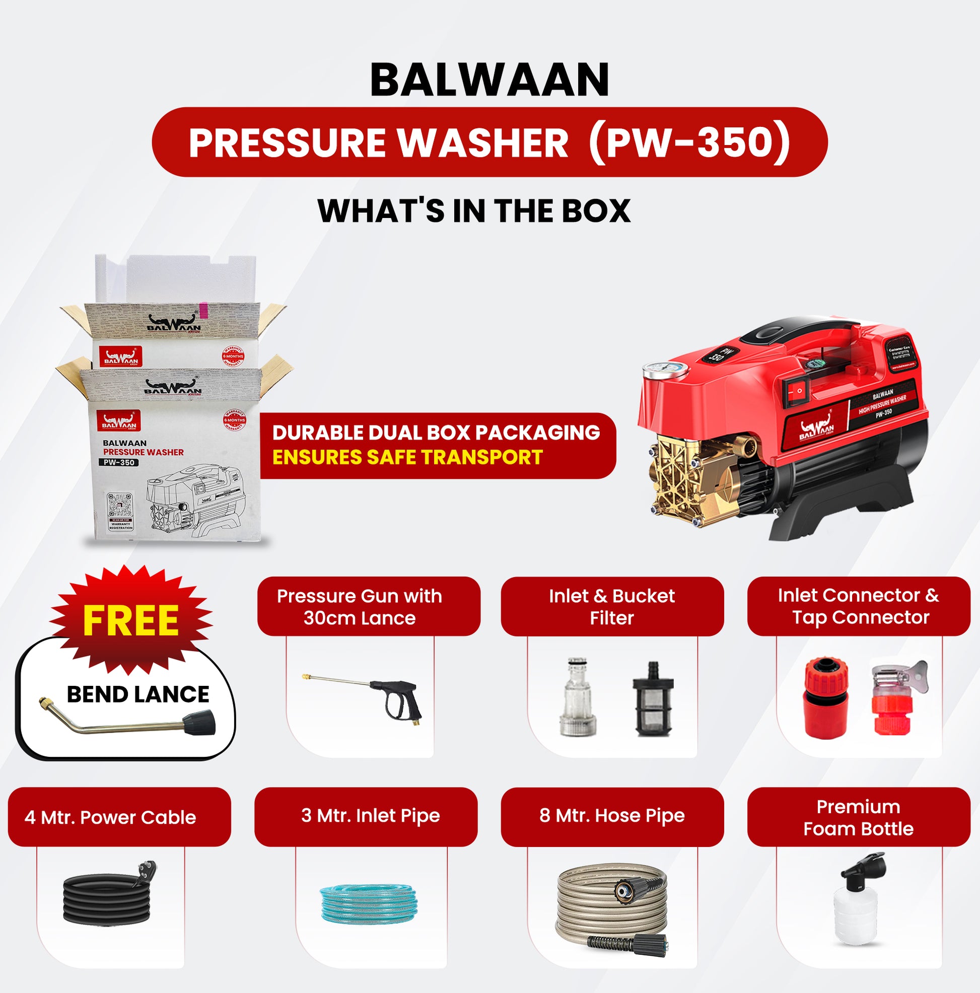 Balwaan Pressure Washer PW-350 | Heavy-Duty Pump Head with Powerful 1800W Copper Motor