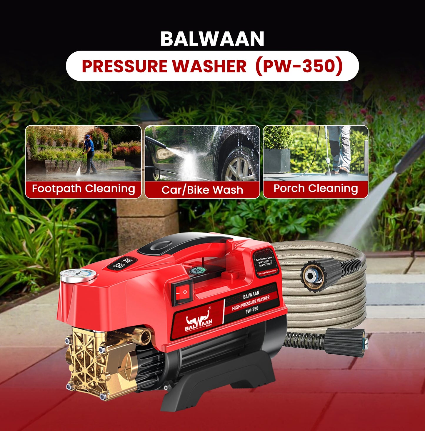 Balwaan Pressure Washer PW-350 | Heavy-Duty Pump Head with Powerful 1800W Copper Motor