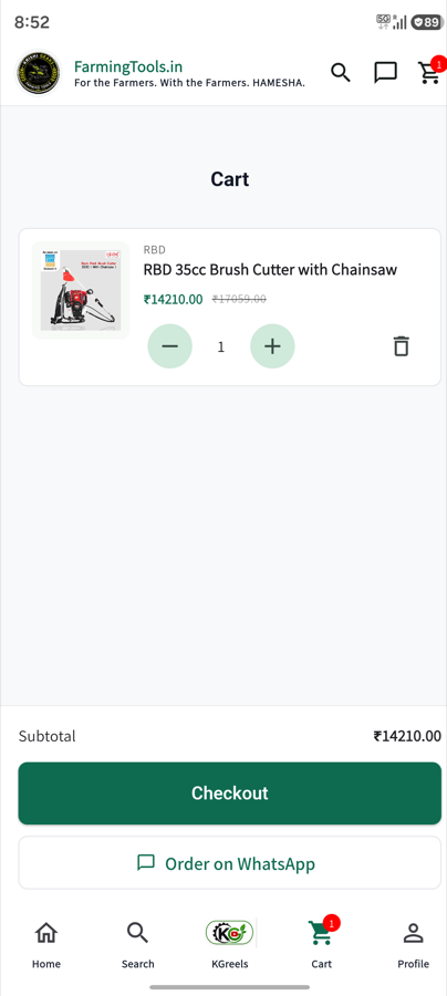 FarmingTools app cart screen.