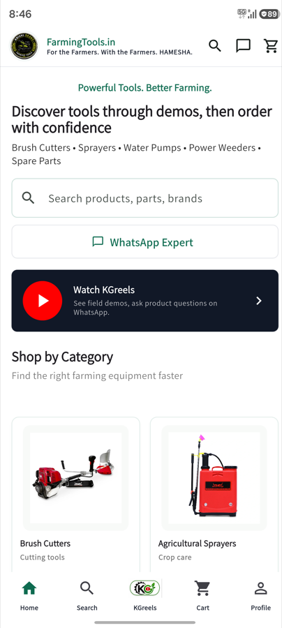 FarmingTools app home screen showing farming equipment categories and products.
