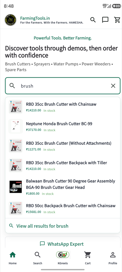 FarmingTools app search screen showing product suggestions.